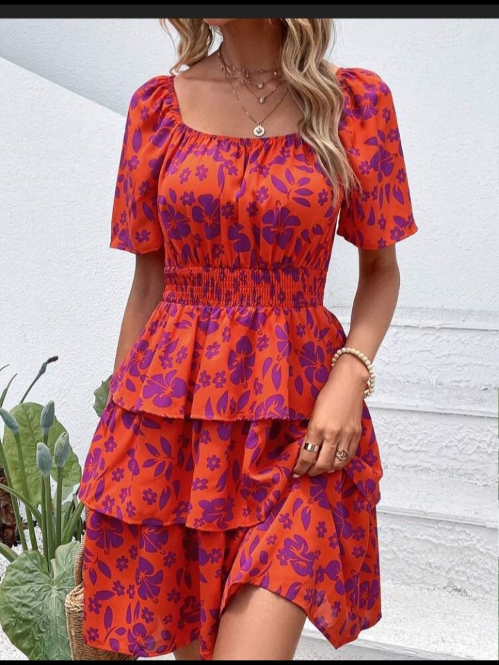 #744 Nwt "Pretty garden" Floral Square-Neck Tiered Sundress in Orange & Purple